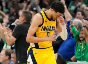 In Game 1 of the East Finals, the Pacers lose a late lead over the Celtics due to Haliburton’s turnovers.