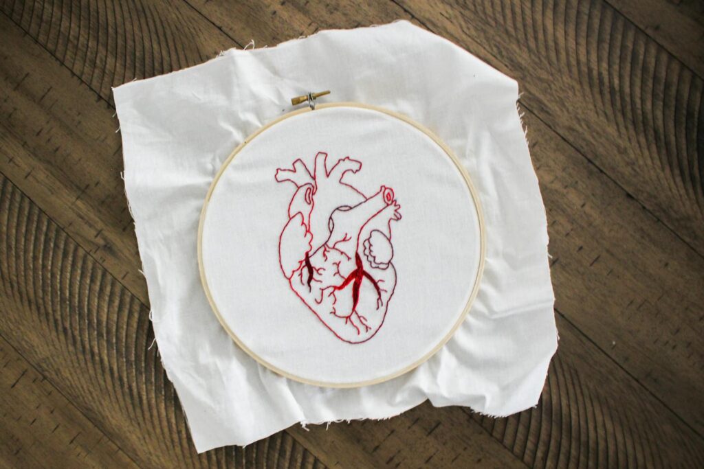Close-up of embroidered anatomical heart on canvas, symbolizing creativity and craft.