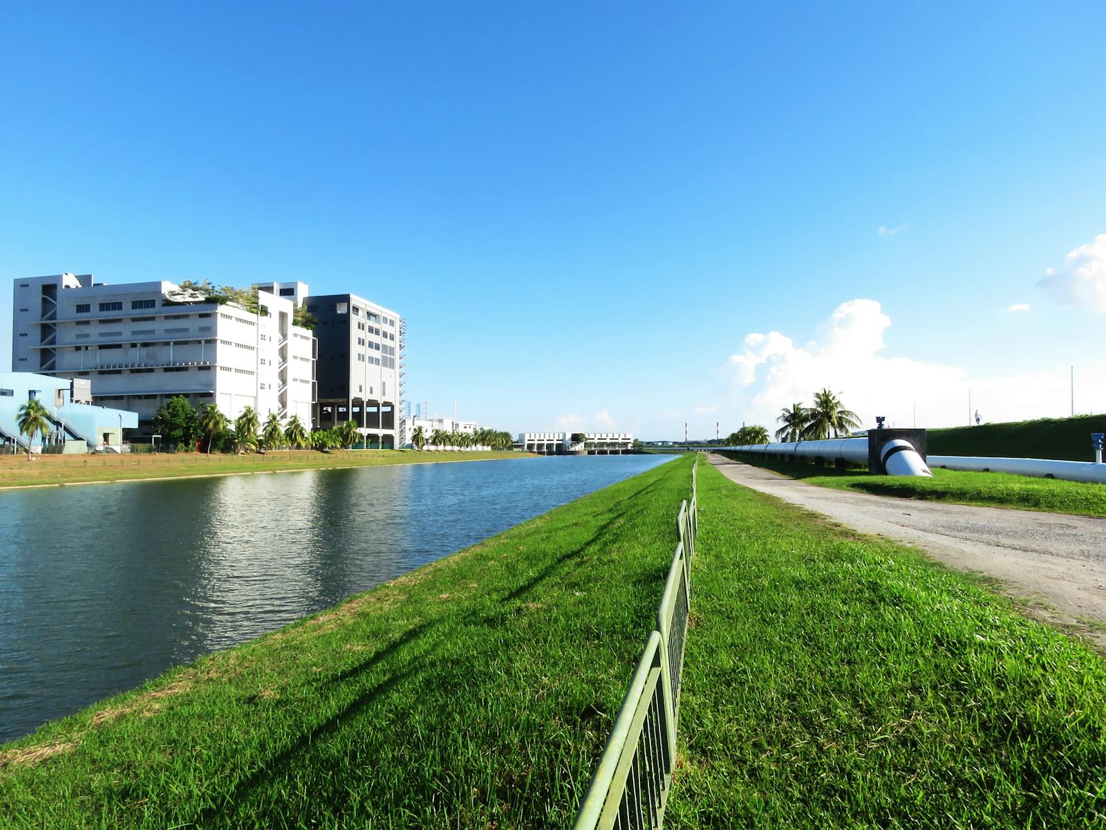 Modern industrial building by a canal with clear blue sky, lush grass, and palm trees.