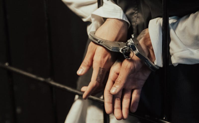 Close-up of a person in handcuffs behind bars, conveying confinement and justice.