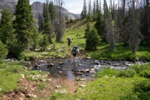 Two hikers crossing a stream surrounded by lush forest and mountains.