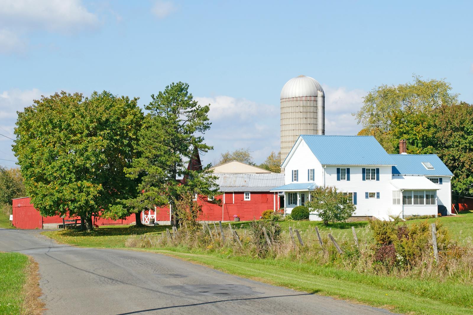 A farm complex by the side of a country road.