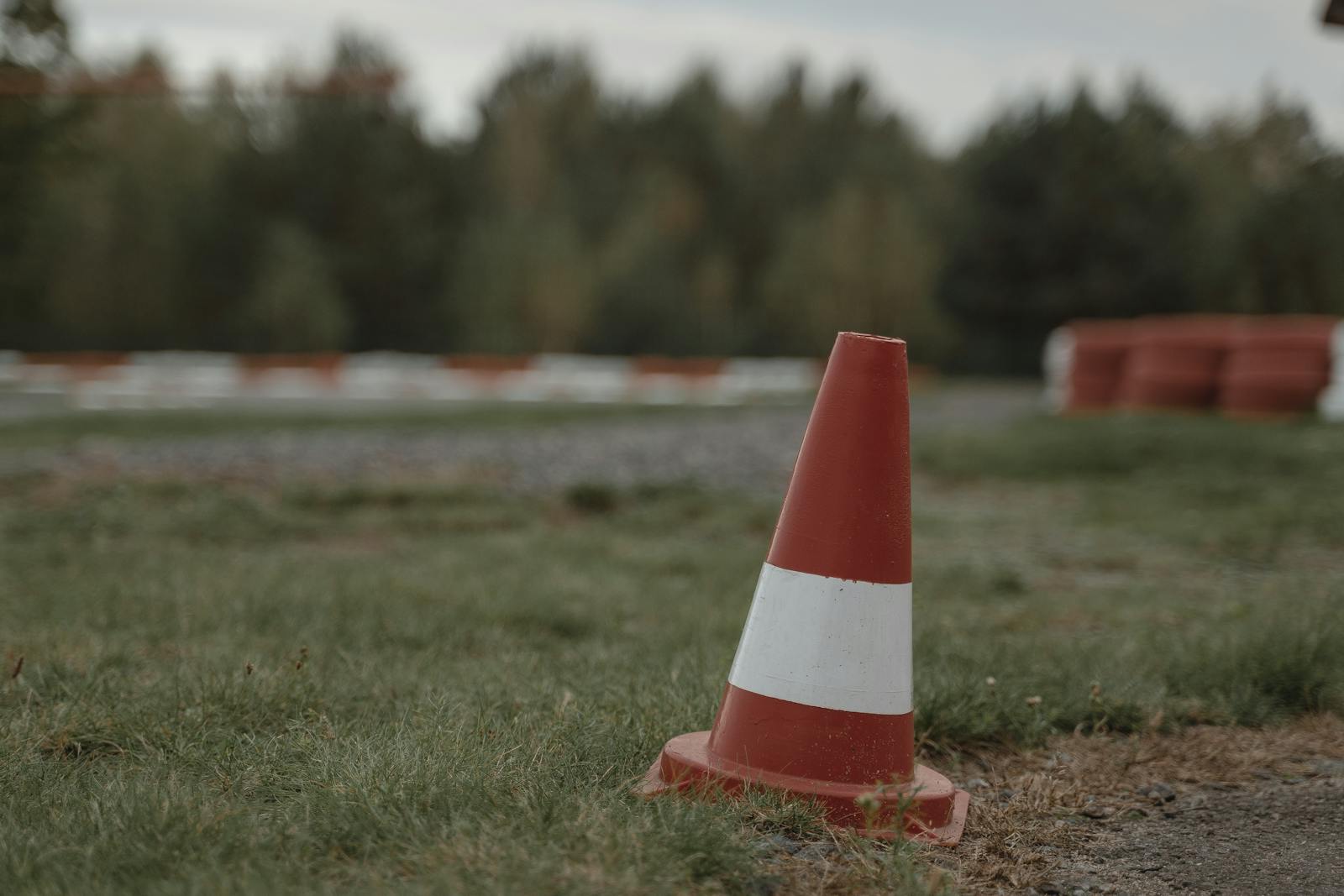 A close-up view of a white and orange traffic cone on grass with a blurred background.