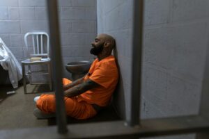 A bald man in an orange jumpsuit sits on the floor of a jail cell, leaning against a concrete wall.