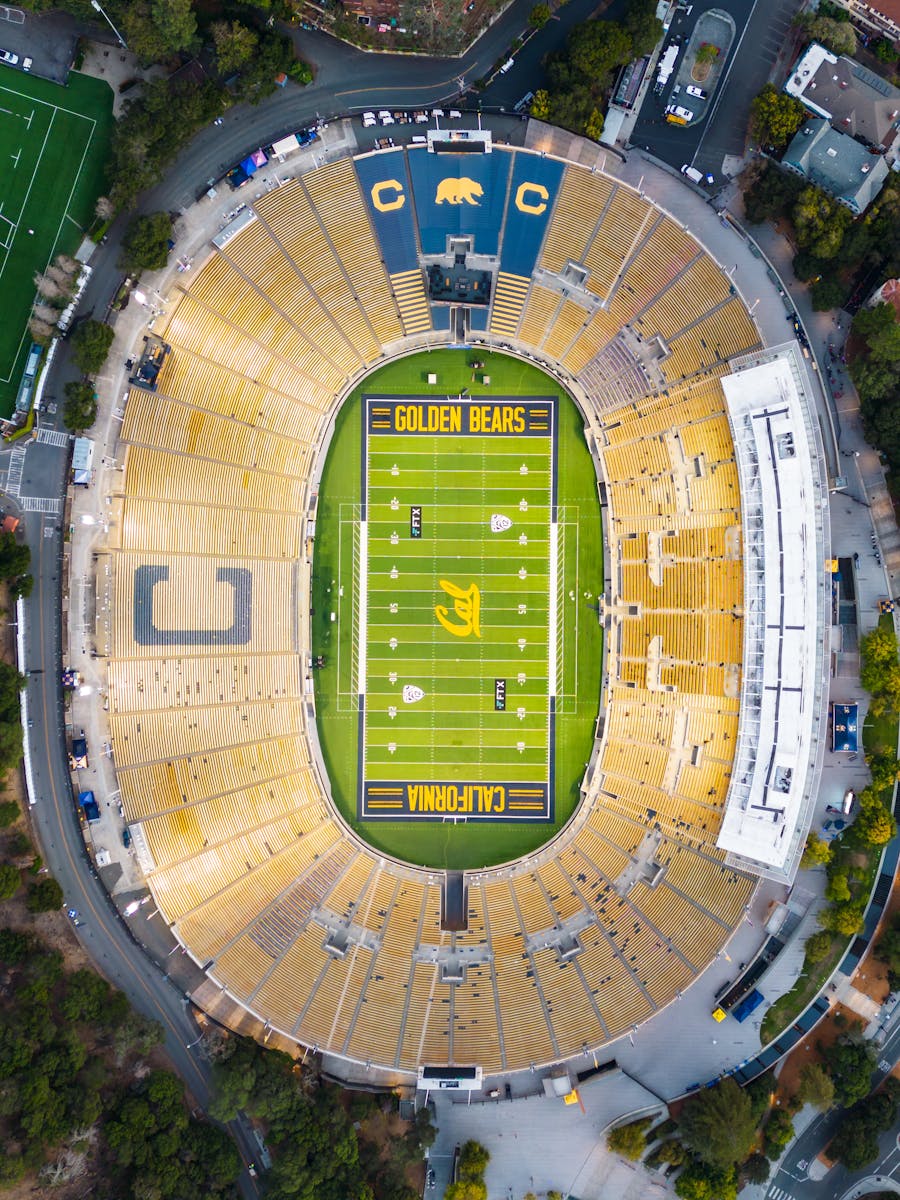 High angle shot of California Memorial Stadium in Berkeley, home of the Golden Bears.