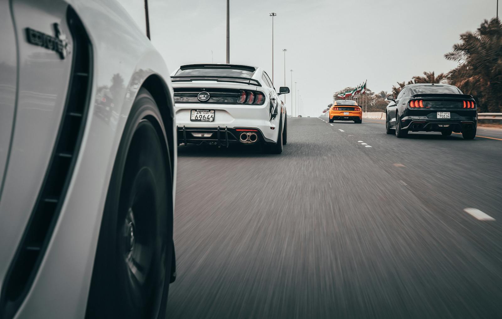 Dynamic view of sports cars racing on a highway, showcasing speed and motion.