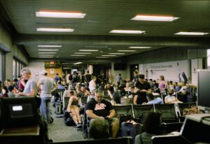 a large group of people sitting in a room