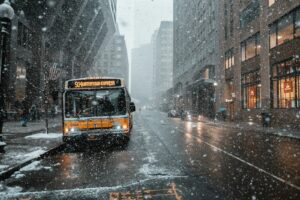 yellow and black bus on asphalt road between buildings during daytime