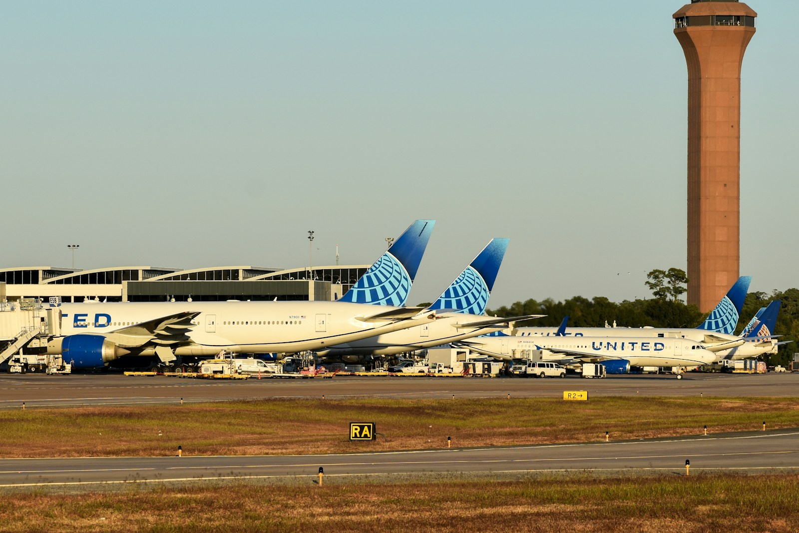 A row of airplanes parked at an airport